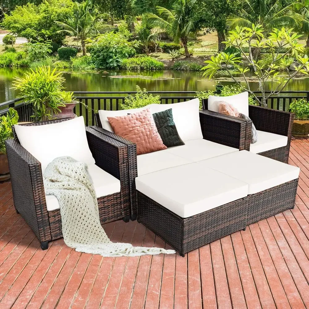 Outdoor Furniture Loveseat - 5-Piece Outdoor Wicker Patio Furniture Set: